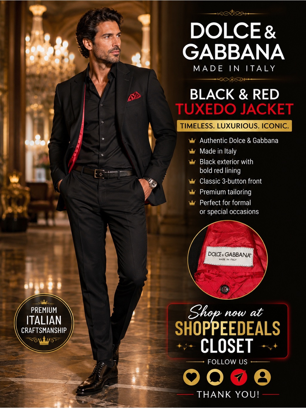 Dolce & Gabbana Men’s Black & Red Tuxedo Blazer Jacket Made In Italy Size 58
